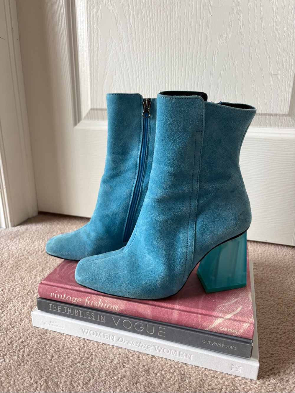 L’Intervalle Blue Suede Boots with Acrylic Block Heel